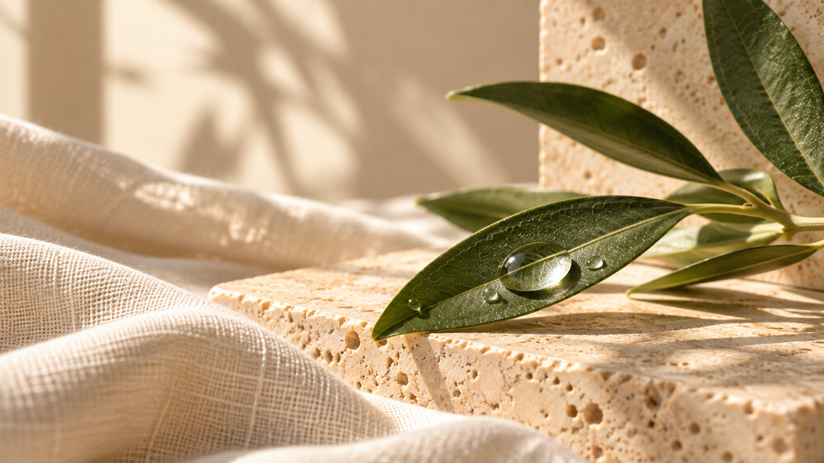 Natural olive leaves and water droplets on warm stone